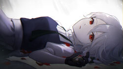 Rule 34 | 1girl, black gloves, commentary request, gloves, grey hair, highres, izayoi sakuya, looking at viewer, lying, maid, making-of available, medium hair, on back, open mouth, red eyes, red petals, rokuya (68 zusao), solo, touhou