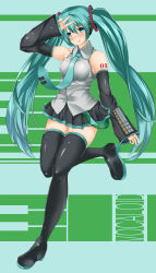 Rule 34 | 1girl, :q, aqua eyes, aqua hair, arm up, boots, circussion, detached sleeves, hatsune miku, highres, long hair, necktie, skirt, solo, thigh boots, thighhighs, tongue, tongue out, twintails, v, very long hair, vocaloid