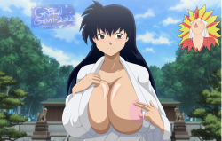 Rule 34 | 1girl, bathrobe, black hair, blush, breasts, brown eyes, cleavage, clothes, exhibitionism, female focus, higurashi kagome, inuyasha, inuyasha (character), long hair, nipples, open clothes, outdoors, public indecency, robe, rtenzo, sky, smile, solo focus, standing, temple, text focus, tree, white robe