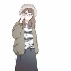 Rule 34 | 1girl, adjusting eyewear, black skirt, brown eyes, brown hair, brown jacket, clip studio paint (medium), closed mouth, dated, fashion, glasses, grey hat, hand up, hat, jacket, long hair, long sleeves, looking at viewer, open clothes, open jacket, original, purinnari, round eyewear, shirt, signature, simple background, skirt, solo, standing, striped clothes, striped shirt, white background