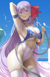 Rule 34 | 1girl, :d, absurdres, alternate costume, arm strap, arm up, armpits, arms behind head, bb (fate), bb (fate/extra), blue choker, blue one-piece swimsuit, blue sky, blush, breasts, bursting breasts, choker, cleavage, clothing cutout, covered navel, earrings, fate/extra, fate/extra ccc, fate/grand order, fate (series), groin, hair between eyes, hair ornament, hair ribbon, highleg, highleg swimsuit, highres, holding, holding hose, hose, huge breasts, jewelry, large breasts, long hair, looking at viewer, nail polish, one-piece swimsuit, open mouth, outdoors, purple eyes, purple hair, purple nails, red ribbon, ribbon, sideboob, skindentation, sky, smile, solo, swimsuit, thick thighs, thighhighs, thighs, two-tone swimsuit, underboob, uo denim, very long hair, water, wet, white one-piece swimsuit, white thighhighs, wide hips