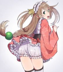 Rule 34 | 1girl, ass, bloomers, blush, breasts, brown hair, character request, clothes lift, copyright request, fig (lchijiku), from behind, green eyes, hair ornament, headdress, japanese clothes, kimono, long hair, looking at viewer, looking back, open mouth, shiny clothes, shiny skin, sideboob, skirt, skirt lift, smile, solo, thighhighs, underwear, very long hair