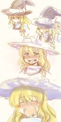 Rule 34 | &gt;:|, 1girl, :|, blonde hair, blush, bow, braid, closed eyes, closed mouth, comic, crying, dra (area-s), hat, hat bow, highres, kirisame marisa, long hair, nose blush, open mouth, parted lips, portrait, side braid, single braid, snot, sobbing, solo, tearing up, tears, touhou, upper body, v-shaped eyebrows, witch hat