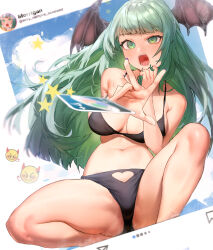 Rule 34 | 1girl, absurdres, ass, barefoot, bikini, black bikini, blunt bangs, breasts, card, cleavage, clip studio paint (medium), clothing cutout, commentary, english commentary, feet out of frame, fingernails, green eyes, green hair, head wings, heart cutout, highres, hymin, instagram, instagram story, large breasts, long hair, morrigan aensland, navel, open mouth, playing card, pubic curtain, purple eyes, solo, spread legs, summer, swimsuit, throwing, uno (game), vampire (game), wings