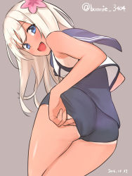 Rule 34 | 10s, 1girl, :d, ass, baffu, blush, dark-skinned female, dark skin, dated, fang, flower, hair flower, hair ornament, highres, kantai collection, long hair, looking at viewer, looking back, one-piece swimsuit, one-piece tan, open mouth, purple background, ro-500 (kancolle), sailor collar, simple background, smile, solo, swimsuit, tan, tanline, twitter username, white hair