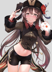 Rule 34 | 1girl, absurdres, black coat, black headwear, black shorts, blush, breasts, brown hair, card, coat, coattails, commentary, english commentary, flower, genshin impact, ghost, grey background, grin, hat, hat flower, highres, holding, holding card, hu tao (genshin impact), jewelry, long hair, long sleeves, looking at viewer, multicolored hair, navel, paid reward available, red eyes, red hair, ring, short shorts, shorts, sidelocks, simple background, skai kun, small breasts, smile, symbol-shaped pupils, talisman, thighs, twintails, two-tone hair, very long hair