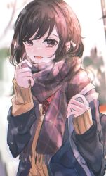 Rule 34 | 1girl, :d, bag, black jacket, bow, bowtie, braid, brown eyes, brown hair, brown scarf, cardigan, commentary, hair bow, highres, hood, hood down, hooded jacket, jacket, kamiyama high school uniform (project sekai), looking at viewer, mimimi (vvvkkj), open mouth, outdoors, project sekai, red bow, red bowtie, scarf, school bag, school uniform, shinonome ena, sleeves past wrists, smile, solo, steam, swept bangs, white bow, yellow cardigan