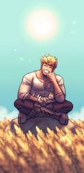Rule 34 | 1boy, animal, bara, black pants, blonde hair, boots, cat, closed eyes, day, elbow rest, granblue fantasy, hand on own cheek, hand on own face, head rest, highres, indian style, large pectorals, male focus, muscular, muscular male, oneirio, outdoors, pants, pectoral cleavage, pectorals, shirt, short hair, sitting, sky, smile, solo, sun, teeth, twitter username, vane (granblue fantasy), white cat, white shirt