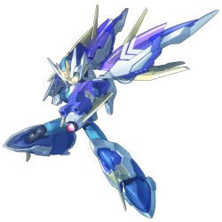 Rule 34 | 1boy, android, arm cannon, commentary request, energy gun, green eyes, helmet, hi-go!, joints, leg up, male focus, mechanical wings, mega man (series), x (mega man), mega man x (series), robot joints, simple background, solo, weapon, white background, wings