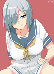 Rule 34 | 1girl, artist name, blue eyes, blue sailor collar, blush, bottomless, breasts, buttons, collarbone, hair ornament, hair over one eye, hairclip, hamakaze (kancolle), kantai collection, large breasts, moti coi, neckerchief, one-hour drawing challenge, red background, sailor collar, school uniform, serafuku, short hair, signature, silver hair, simple background, solo, yellow neckerchief