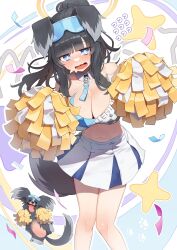 Rule 34 | 1girl, 1other, :d, absurdres, animal, animal ears, bare shoulders, black hair, blue archive, blue eyes, blue skirt, blush, breasts, cheerleader, cleavage, collarbone, crop top, dog, dog ears, dog girl, dog tail, eyewear on head, fake animal ears, gloves, hairband, halo, hibiki (blue archive), hibiki (cheer squad) (blue archive), highres, holding, holding pom poms, keureu (tiqkdtiqkd10), large breasts, long hair, looking at viewer, midriff, millennium cheerleader outfit (blue archive), miniskirt, navel, official alternate costume, open mouth, pleated skirt, pom pom (cheerleading), pom poms, ponytail, skirt, smile, standing, star sticker, sticker on face, sweat, tail, text print, thighs, white skirt, yellow halo