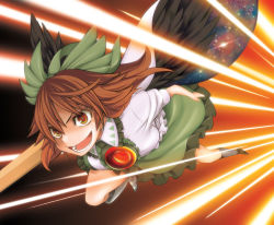 Rule 34 | 1girl, arm cannon, asymmetrical clothes, asymmetrical footwear, bad id, bad pixiv id, brown hair, cape, face, female focus, mismatched footwear, reiuji utsuho, short hair, solo, touhou, uousa-ou, weapon, wings