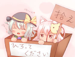 Rule 34 | 2girls, a-ktoo, animal ears, blush stickers, box, cat ears, cat mask, cat tail, closed eyes, for adoption, hat, hata no kokoro, highres, holding, holding sign, in box, in container, kemonomimi mode, komeiji koishi, mask, multiple girls, open mouth, sign, smile, tail, third eye, touhou, translation request