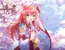 Rule 34 | 1girl, :d, ahoge, bow, breasts, cherry blossom print, cherry blossoms, detached sleeves, floating hair, floral print, green eyes, hair between eyes, hair ornament, hair ribbon, hand in own hair, hc (razel1), highres, hololive, japanese clothes, kimono, long hair, long sleeves, medium breasts, open mouth, pink hair, pink kimono, print sleeves, red bow, red ribbon, red skirt, ribbon, sakura miko, sakura miko (1st costume), sideboob, skirt, sleeveless, sleeveless kimono, smile, solo, spring (season), standing, virtual youtuber, white sleeves, wide sleeves, wing collar, x hair ornament