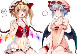 Rule 34 | 2girls, ?, asagi yuna, babydoll, bad id, bad pixiv id, bare arms, bare shoulders, bat wings, blonde hair, blue hair, blush, breasts, bridal garter, cleavage, collarbone, covered navel, fang, flandre scarlet, hat, hat ribbon, heart, mob cap, multiple girls, open mouth, pointy ears, red eyes, remilia scarlet, ribbon, siblings, side ponytail, simple background, sisters, sitting, small breasts, spoken heart, spoken question mark, thigh strap, touhou, wariza, wavy mouth, wings
