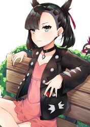 Rule 34 | 1girl, absurdres, aqua eyes, asymmetrical bangs, asymmetrical hair, black hair, black jacket, black nails, blush, breasts, choker, commentary, creatures (company), dress, earrings, game freak, hair ribbon, highres, holding, holding poke ball, jacket, jewelry, long sleeves, looking at viewer, marnie (pokemon), nail polish, nintendo, open clothes, pink dress, poke ball, poke ball (basic), pokemon, pokemon swsh, red ribbon, ribbon, rinse 7, sitting, solo focus, team yell, team yell grunt, twintails, ultra ball