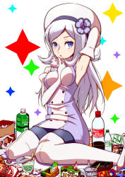 Rule 34 | 10s, 1girl, aila jyrkiainen, arm between breasts, arm up, armpits, bare shoulders, beret, between breasts, blue eyes, blush, boots, bottle, brand name imitation, breasts, chips (food), coca-cola, elbow gloves, food, gloves, gundam, gundam build fighters, hat, long hair, looking at viewer, nissin cup noodle, noodles, pantyhose, pringles, ramen, shirono, silver hair, sitting, soda, solo, thigh boots, thighhighs, wariza