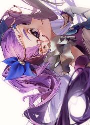 Rule 34 | 1girl, blue flower, blue rose, commentary request, detached sleeves, earrings, eyelashes, flower, hair flower, hair ornament, happy, jewelry, long hair, looking at viewer, magical girl, milk (yes! precure 5), milky rose, mimino kurumi, mv pxn, precure, purple eyes, purple hair, rose, sideways, simple background, smile, solo, white background, wrist cuffs, yes! precure 5, yes! precure 5 gogo!