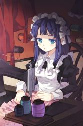 Rule 34 | 1girl, apron, blue eyes, blue hair, blunt bangs, bow, breasts, chair, female focus, frills, indoors, long hair, lowres, maid, maid apron, maid headdress, matching hair/eyes, medium breasts, ribbon, sewing, sewing machine, sitting, solo, sword girls