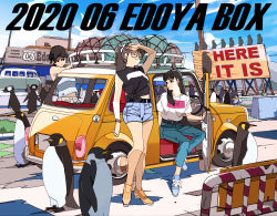 Rule 34 | 3girls, animal, arm at side, arm up, austin mini, bare arms, bare legs, bird, black hair, black shirt, blue footwear, blue shorts, blunt bangs, bracelet, brown hair, car, closed eyes, closed mouth, commentary request, day, denim, earrings, edoya inuhachi, glasses, highres, jeans, jewelry, long hair, luggage, mini cooper, motor vehicle, multiple girls, open mouth, orange footwear, original, outdoors, pants, pendant, penguin, ponytail, red eyes, shirt, shoes, short hair, short shorts, short sleeves, shorts, sign, sitting, sleeveless, sleeveless shirt, sneakers, striped clothes, striped shirt, t-shirt, tied shirt, van, vehicle focus, volkswagen type 2