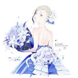 Rule 34 | 1girl, akira (kadokawa), anniversary, backless dress, backless outfit, blonde hair, blue dress, blue eyes, blue hair, bouquet, braid, braided bangs, commentary request, cowboy shot, dress, flower, flower request, from behind, gradient hair, jean bart (kancolle), kantai collection, mole, mole under eye, multicolored hair, official alternate costume, official art, short hair, simple background, single sidelock, solo, tentacles, white background