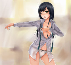 Rule 34 | 10s, 1girl, black hair, bow, bow panties, contrapposto, dress shirt, green eyes, highres, messy hair, one eye closed, outstretched arm, panties, shirobako, shirt, solo, standing, sui (sui222), underwear, white panties, yasuhara ema, yawning