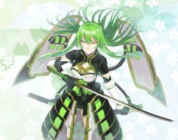Rule 34 | 1girl, absurdres, armor, armored skirt, black gloves, blunt bangs, cleavage cutout, closed mouth, clothing cutout, commentary request, floating hair, floral background, fur trim, gloves, green eyes, green hair, green sash, highres, hizamaru (tenka hyakken), holding, holding sword, holding weapon, japanese armor, kote, long hair, onasu (sawagani), rope, sash, scabbard, sheath, short sleeves, smile, solo, sword, tachi (weapon), tenka hyakken, v-shaped eyes, weapon