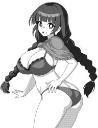 Rule 34 | 1girl, ass, bikini, braid, breasts, cleavage, commentary, greyscale, large breasts, long hair, looking at viewer, monochrome, onkn sxkn, open mouth, simple background, solo, swimsuit, touhou, twin braids, yatadera narumi