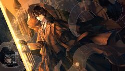 Rule 34 | 1boy, absurdres, aisnow432, black gloves, black hair, black jacket, black necktie, black pants, brown eyes, building, chinese commentary, cloak, commentary request, dusk, gloves, hand up, highres, holding, holding lantern, hood, hooded cloak, jacket, klein moretti, lantern, lord of the mysteries, necktie, outdoors, pants, parted lips, shaded face, shirt, solo, teeth, tentacles, watermark, white shirt