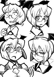 Rule 34 | :/, :o, alternate hair length, alternate hairstyle, bat wings, bespectacled, breasts, clenched hand, dress shirt, frown, glasses, greyscale, head wings, highres, juliet sleeves, koakuma, large breasts, long sleeves, looking at viewer, maru-sun, monochrome, necktie, puffy sleeves, shirt, short hair, simple background, sketch, touhou, vest, white background, white shirt, wide-eyed, wings, worried