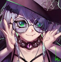 Rule 34 | 1girl, 2022, apricot the lich, apricot the lich (froot 2.0), artist name, bat hair ornament, black gloves, black hat, blue hair, braid, collarbone, fang, fang out, glasses, gloves, green eyes, green hair, hair ornament, hat, highres, looking at viewer, multicolored hair, open hands, portrait, round eyewear, skin fang, smile, solo, streaked hair, twin braids, virtual youtuber, vontvirus, vshojo, witch hat