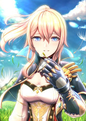 Rule 34 | 1girl, absurdres, blonde hair, blue capelet, blue eyes, blue gloves, blue sky, breasts, capelet, cleavage, cloud, commentary request, dandelion, dead angels, detached sleeves, facing viewer, flower, genshin impact, gloves, grass, hair between eyes, highres, jean (genshin impact), long hair, long sleeves, looking at viewer, medium breasts, parted lips, ponytail, sky, smile, solo, upper body