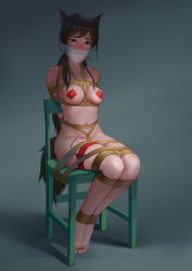 Rule 34 | 1girl, animal ears, arms behind back, barefoot, bdsm, between breasts, black hair, blush, bondage, bound, bound arms, bound legs, breasts, brown eyes, cat ears, chair, collarbone, covered erect nipples, forced orgasm, full body, gag, gagged, gradient background, grey background, highres, improvised gag, long hair, looking at viewer, medium breasts, navel, nose blush, nude, original, pasties, remote control vibrator, restrained, sex toy, shibari, sitting, solo, tail, thigh strap, tied to chair, toes, vibrator
