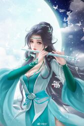 Rule 34 | 1girl, absurdres, black hair, bug, butterfly, closed mouth, cloud, collared dress, doupo cangqiong, dress, green dress, hair bun, hair ornament, highres, holding, holding instrument, insect, instrument, light, long hair, long sleeves, looking to the side, mingzi jiao shushu, night, open clothes, open dress, second-party source, solo, yun yun (doupo cangqiong)