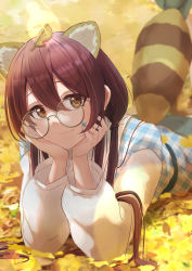 Rule 34 | 1girl, absurdres, animal ear fluff, animal ears, bespectacled, blurry, blush, bokeh, depth of field, ginkgo leaf, glasses, hair between eyes, hands on own cheeks, hands on own face, head rest, highres, idolmaster, idolmaster shiny colors, leaf, leaf on head, long sleeves, looking at viewer, lying, marishiten (mar1sh110), nail polish, on stomach, osaki tenka, plaid, plaid shirt, raccoon ears, raccoon tail, red hair, round eyewear, shirt, smile, solo, tail, twintails