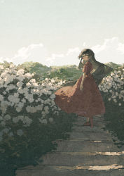 Rule 34 | 1girl, black hair, blush, bush, cloud, dress, flower, from behind, highres, long hair, looking at viewer, original, outdoors, plant, potg (piotegu), red dress, red footwear, short sleeves, sky, solo, stairs, very long hair, white flower, white sky, yellow eyes