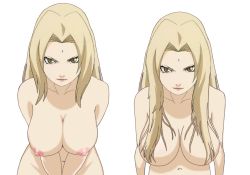 Rule 34 | 1girl, artist request, black background, blonde hair, breasts, brown eyes, censored, convenient censoring, facial mark, hair censor, hair over breasts, hanging breasts, large breasts, lipstick, long hair, looking at viewer, makeup, naruto, naruto (series), navel, nipples, nude, nude filter, own hands together, smile, solo, third-party edit, transparent background, tsunade (naruto)