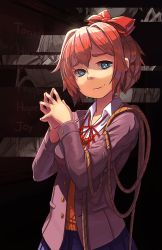 Rule 34 | 1girl, blue eyes, bow, collar, crying, crying with eyes open, doki doki literature club, hair bow, limited-access, long sleeves, neck ribbon, pleated skirt, red bow, red ribbon, ribbon, rope, sayori (doki doki literature club), school uniform, short hair, skirt, tears, white collar