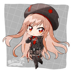 Rule 34 | 1girl, akaishi yashi, arm behind back, artist name, bandolier, belt, belt pouch, beret, black footwear, black gloves, black hat, black jacket, black shirt, black thighhighs, blush, chest harness, chibi, collared shirt, cropped jacket, gloves, goddess of victory: nikke, hand on own chin, harness, hat, highres, jacket, light brown hair, long hair, necktie, open clothes, open jacket, orange eyes, pouch, rapi (nikke), red gloves, red jacket, red necktie, shirt, smile, solo, thighhighs, two-sided fabric, two-sided jacket, two-tone gloves, very long hair