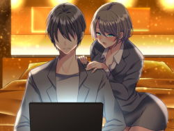 Rule 34 | 1boy, 1girl, aizawa chihiro, bed, black suit, blush, brown hair, computer, faceless, faceless male, green eyes, hands on shoulders, indoors, laptop, official art, open mouth, orange background, original, pencil skirt, skirt, suit