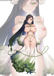 Rule 34 | 1girl, alraune, bdsm, black hair, bondage, bound, breasts, commentary, crotch rope, english commentary, flower, full body, gao (gaolukchup), green eyes, hair flower, hair ornament, hair over one eye, highres, huge breasts, inverted nipples, pussy, long hair, monster girl, nipples, no feet, original, patreon username, plant, plant girl, pussy, pussy peek, rope, shibari, smile, solo, thigh gap, very long hair, vines, wide sleeves, zoom layer