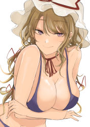 Rule 34 | 1girl, arms under breasts, bare arms, bare shoulders, bikini, blonde hair, breasts, choker, cleavage, closed mouth, hat, hat ribbon, highres, large breasts, light smile, long hair, looking at viewer, mob cap, nail polish, necro (nekurodayo), purple bikini, purple eyes, red ribbon, ribbon, ribbon choker, simple background, solo, swimsuit, touhou, white background, white hat, white nails, yakumo yukari