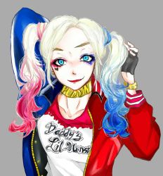 Rule 34 | 1girl, batman (series), blonde hair, blue eyes, bracelet, choker, dc comics, dccu, fingerless gloves, gloves, harley quinn, jacket, jewelry, lipstick, looking at viewer, makeup, multicolored hair, simple background, solo, spiked bracelet, spikes, suicide squad, twintails