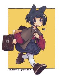 Rule 34 | 1girl, animal ears, black hair, black skirt, blush, boots, briefcase, brown capelet, brown footwear, capelet, commentary, english commentary, fox ears, fox girl, fox tail, full body, holding, japanese clothes, kimono, kitsune, kukuri (mawaru), long sleeves, looking at viewer, mawaru (mawaru), open mouth, original, pantyhose, pleated skirt, purple eyes, red kimono, school briefcase, skirt, solo, tail, two-tone background, white background, white pantyhose, wide sleeves, yellow background