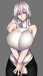 Rule 34 | 1girl, absurdres, bare shoulders, black pants, breasts, commentary, commission, cropped legs, crossed arms, english commentary, grey background, highres, huge breasts, hz (666v), large breasts, long hair, looking at viewer, original, pants, red eyes, shirt, simple background, sleeveless, sleeveless shirt, thighs, white hair, white shirt