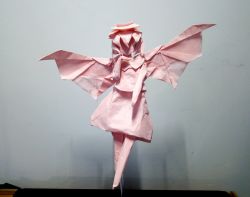 Rule 34 | 1girl, bat wings, dhujsi, dress, faceless, facing viewer, hand up, hat, highres, mob cap, origami, photo (medium), pink dress, remilia scarlet, short hair, solo, standing, touhou, unconventional media, wings