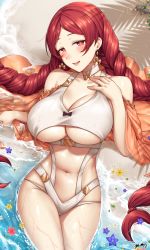Rule 34 | 1girl, absurdres, bare shoulders, beach, blush, braid, breasts, cleavage, collarbone, earrings, heart, heart-shaped pupils, highres, indie virtual youtuber, jewelry, lips, long hair, low twin braids, luxia, lying, navel, on back, red eyes, red hair, sand, seductive smile, smile, solo, swimsuit, symbol-shaped pupils, twin braids, very long hair, virtual youtuber, water, yakimi 27
