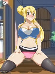Rule 34 | 1girl, absurdres, bare shoulders, blonde hair, blush, breasts, brown eyes, cleavage, fairy tail, highres, kneeling, large breasts, long hair, lucy heartfilia, midriff, navel, parted lips, skirt, solo, spread legs