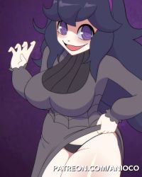 Rule 34 | 1girl, @ @, ahoge, animated, animated gif, anioco, black dress, black panties, blush, bouncing breasts, breasts, clothes lift, cowboy shot, creatures (company), dress, dress lift, game freak, hairband, hex maniac (pokemon), highres, large breasts, long hair, long sleeves, messy hair, nintendo, open mouth, panties, pokemon, pokemon xy, purple background, purple eyes, purple hair, shiny skin, simple background, smile, solo, standing, turtleneck, underwear