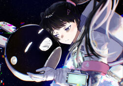 Rule 34 | 1girl, ^ ^, ^o^, animal ears, armband, astronaut, badge, black hair, blue eyes, blunt ends, blurry, blurry foreground, chromatic aberration, closed eyes, earth (planet), fake animal ears, floating, floating hair, glitch, hair ornament, hairclip, half-closed eyes, helmet, highres, holding, holding helmet, light frown, looking to the side, mechanical ears, moon, nagikiho, nijisanji, official alternate costume, parted lips, planet, rabbit ears, rabbit hair ornament, reflection, screen, solo, space, space helmet, spacesuit, star (symbol), starry background, tsukino mito, tsukino mito (16th costume), twintails, underlighting, unworn headwear, unworn helmet, virtual youtuber, window (computing)